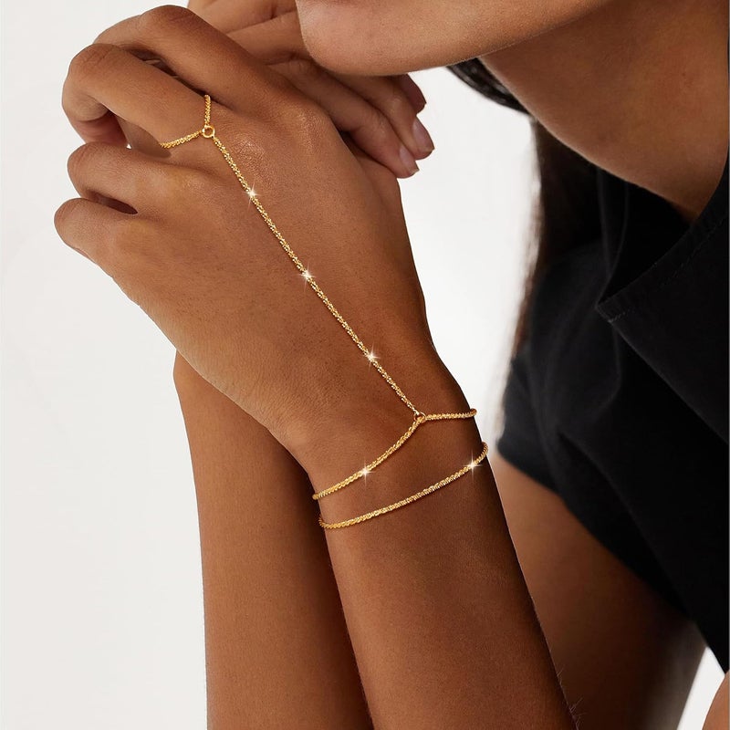 Moodear Sterling Silver Dainty Ring Bracelet Hand Chain for Women - 14K Gold Plated/Sterling Silver Layered Adjustable Satellite Bead Paperclip Dot CZ Link Hand Chain Bracelets Non Tarnish Trendy Jewelry Gift - Image 2
